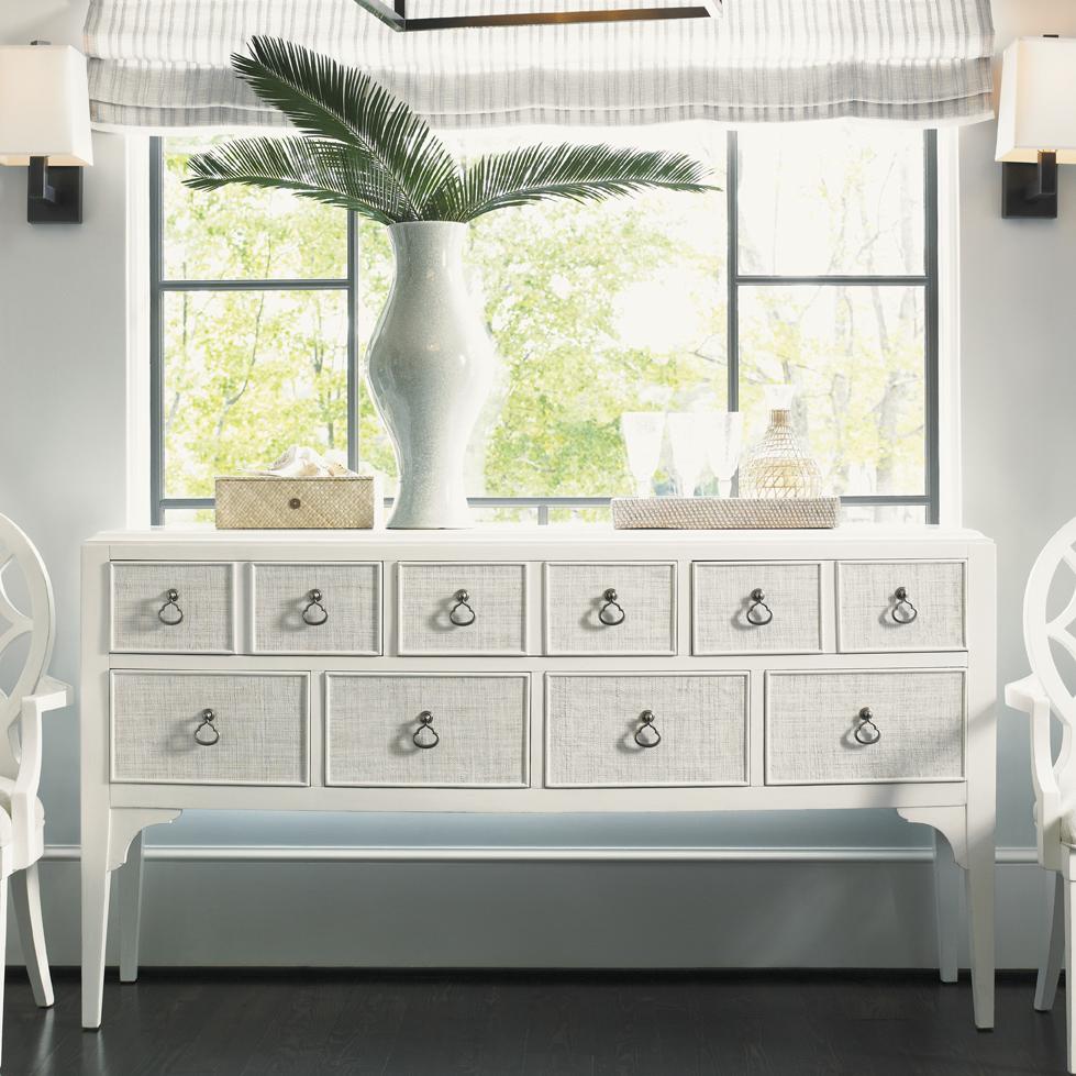 Tommy Bahama Home Ivory Key 543869 7 Drawer Spanish Point Sideboard with Woven Raffia Drawer